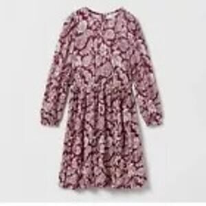 Zara Girls Burgundy White Paisley Floral Pleat Dress Long Sleeves Size 10